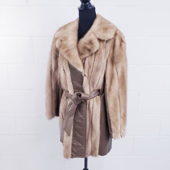 Vintage Tan Mink Leather Trim Coat Mid-Length 1960s Fur Coat